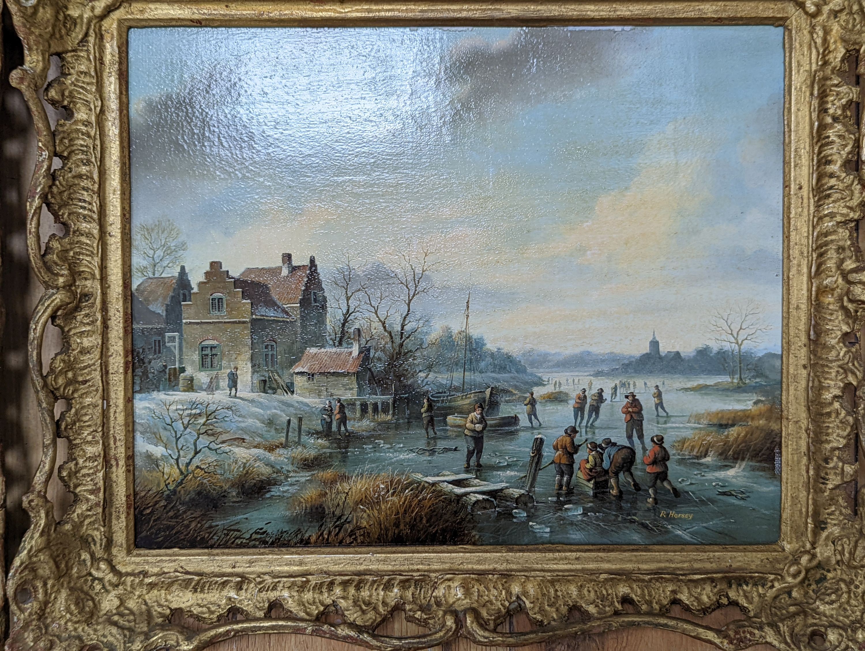 R.Hersey, four oils on wooden panels, 17th century Dutch scenes, signed, 23 x 29cm and 24 x 32cm